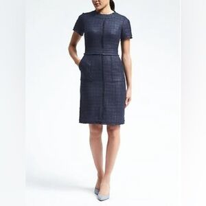 Banana Republic Short Sleeve Frayed Edge Tweed Navy Blue Sheath Dress